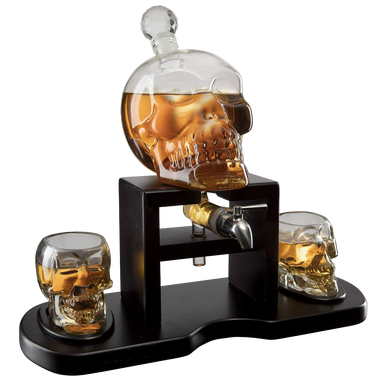 Skull Skeleton Wine & Whiskey Decanter Set 750 mL With 2 Skull 3oz Skeletons Shot Glasses + Mahogany Wooden Base & Pouring Spigot Decor Glass, Goth Spooky Drinking Glassware The Wine Savant-0